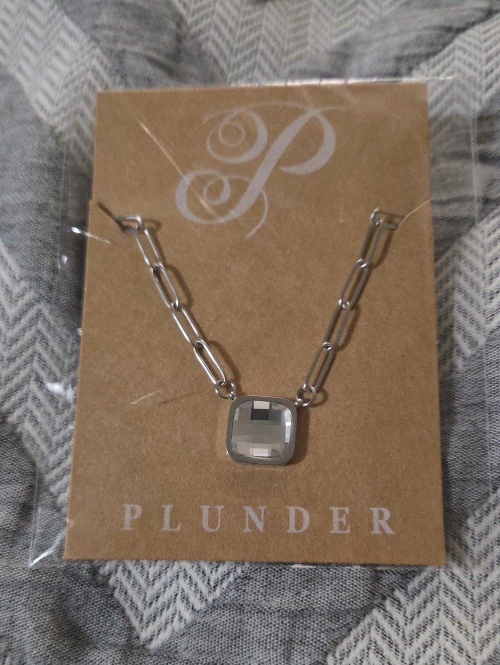 Plunder Silver Paperclip Chain Clear Crystal Square Pendant Necklace - Picture 4 of 4